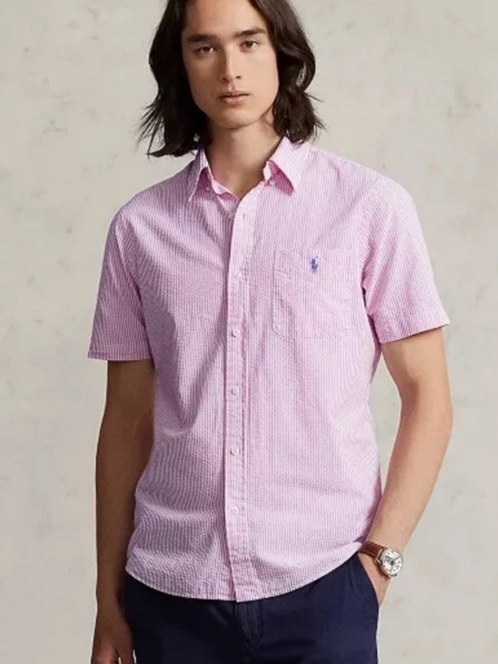 Polo Ralph Lauren pink and white striped seersucker shirt SIZE L